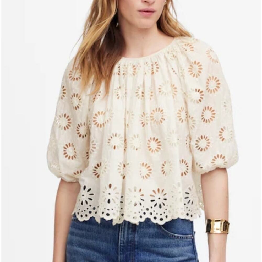 Madewell Embroidered Shirred Puff-Sleeve Top Size S NWT